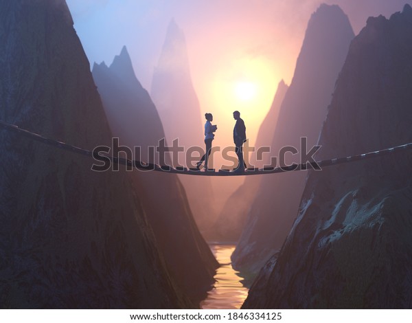 two people\
meet on the bridge, 3d\
illustration