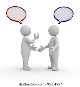 Two People Standing And Talking With Speech Bubbles On White Background