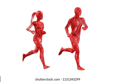 Two People Woman Man Male Female Veins Blood Red Tangled Body Movement Running Posture On White Background. Medical Sports Science Of Anatomy Human Body. Isolated With Clipping Path. 3D Illustration.