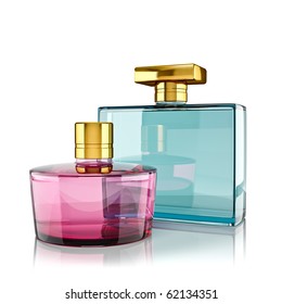 Two perfume bottles with reflections. 3d render.