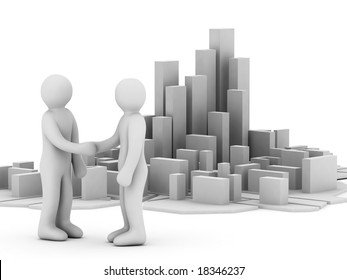two persons on background of the abstract city