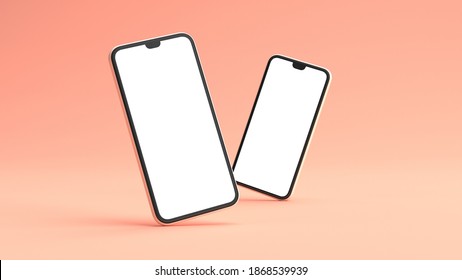 Two Phones Mockup On A Pink Background. 3D Rendering. Blank Screen To Insert Design