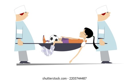 Two Physicians Carry Injured Football Player Woman With Bandage On The Leg In A Stretcher. Isolated On White Background