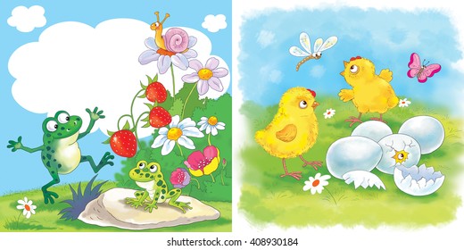 Two pictures with cute little animals. Two frogs and a snail with flowers and strawberry. Two chicks, broken eggs, a butterfly and a dragonfly. Illustration for children. Cartoon characters. 