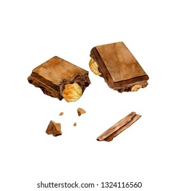 Two Pieces Of Hazelnut Chocolate And Chocolate Chunks. Watercolor Illustration Of Confection On White.  Cocoa Traditional Belgium Dessert. Ingredient For Menu, Receipt, Label, Packaging Design.