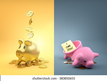 Two piggy banks - One full of gold the other empty. 3D illustration