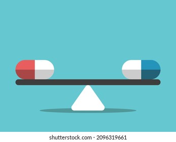 Two pills on weight scale. Choice of effective drug, price, cheap substitute, fake medicine and addiction concept. Flat design. Raster copy