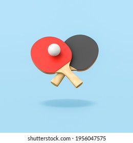 Two Ping-Pong Bats and One Ball Isolated on Flat Blue Background with Shadow 3D Illustration
