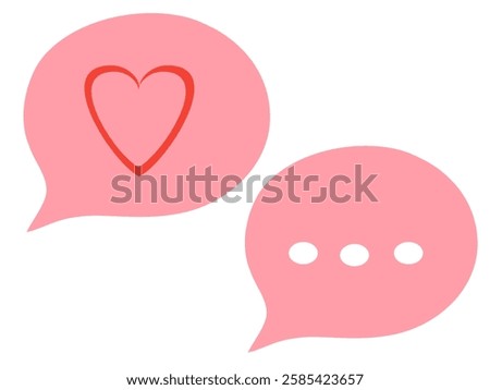Two pink conversation bubbles, resembling chat or message icons. The left bubble has a red heart while the second bubble on the right contains three white dots, which are often used as a typing symbol
