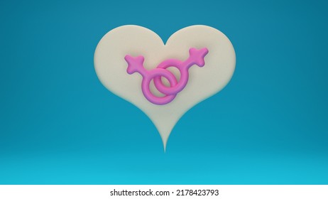 Two Pink Female Gender Symbols On A Heart Frame Depict LGBTQ Same-sex Lesbian Marriage Concept. 3d Render Illustration