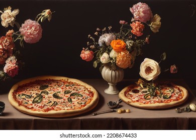 Two pizza on a wood table decorated with flowers, seasoning. Classic Painting, rennaissance pizza style, concept art, illustration - Powered by Shutterstock