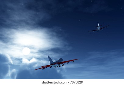Two planes flying high in the moonlight sky. - Shutterstock ID 7875829