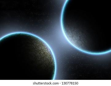 Two Planets With Galaxy And Light Effect