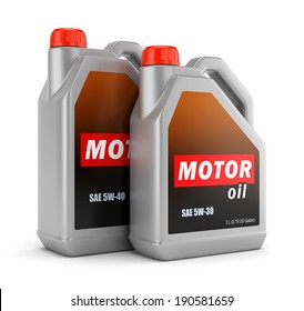 Two plastic canisters of motor oil with label isolated on white background