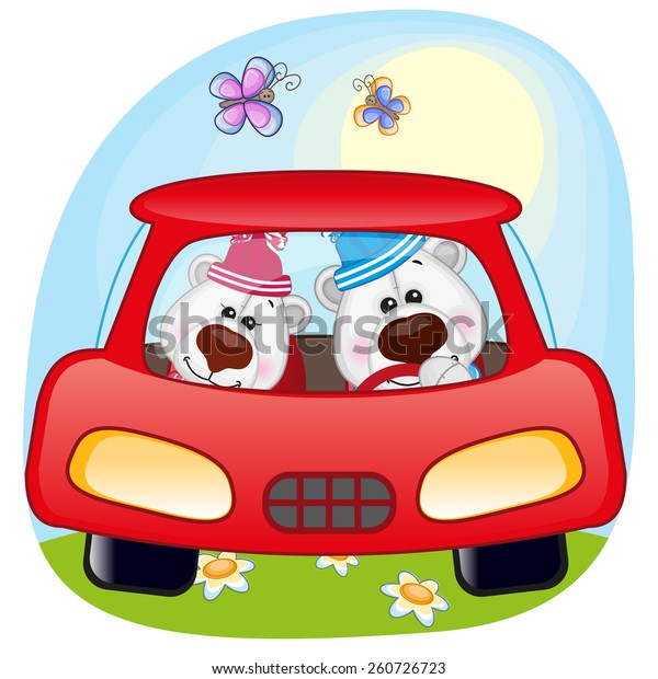 Two Polar Bears is\
sitting in a car\
