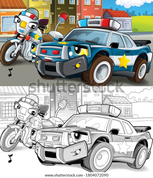 Two\
police friends on the street motorcycle and car sketch- keeping\
safe - guarding - talking - illustration for\
children