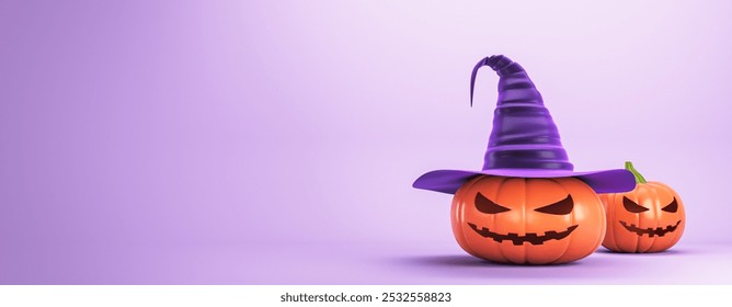 Two pumpkins with carved faces, one wearing a purple witch hat, on a light purple background. Halloween design concept. 3D Rendering
