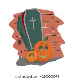 Two Pumpkins Guard An Old Coffin