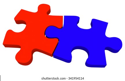 Two Puzzle Pieces In Blue And Red Coming Together To Solve A Problem