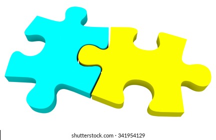 Two Puzzle Pieces In Blue And Yellow Coming Together To Solve A Problem