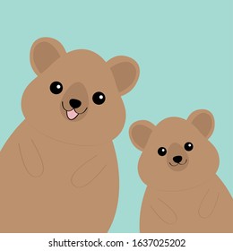 Two Quokka Head Face Silhouette Family Set. Pink Blush Cheeks. Cute Cartoon Funny Pet Baby Character. Funny Kawaii Smiling Animal. Happy Valentines Day. Flat Design Blue Background