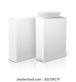Two realistic white blank paper packages for cornflakes, muesli, cereals etc. Isolated on white background with reflection, for design and branding. 
