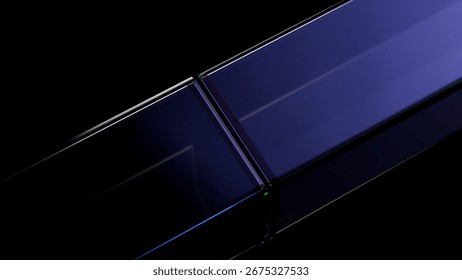 Two rectangular glass panels, illuminated with blue, green and purple hues, intersect against a deep black background, creating a striking and futuristic abstract composition