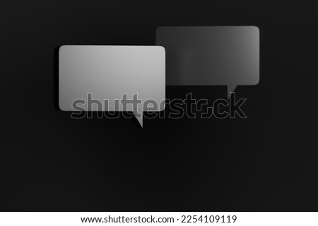 Two rectangular speech bubbles in monochrome color scheme, 3d rendering. Digital illustration of messaging, communicating, texting and dialogue