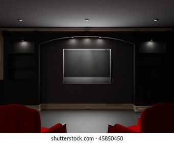 Two Red Chairs  In Empty Living Room With LCD Tv On The Wall