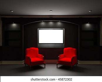 Two Red Chairs With LCD Tv In Dark Living Room