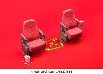 Two Red Cinema Seats Over Red Background With Empty Space Between Them. Concept Of Covid 19 Social Distancing. 3d Rendering