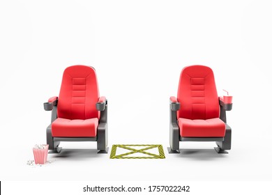 Two Red Cinema Seats Over White Background With Empty Space Between Them. Concept Of Covid 19 Lockdown Easing. 3d Rendering