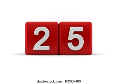 Two red cubes with the number 25 in white embossed and bevelled digits to celebrate a twenty-fifth birthday, 3d render on white