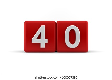 Two red cubes with the number 40 in white embossed and bevelled digits to celebrate a fourtieth birthday, 3d render on white