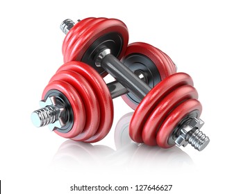 Two Red Dumbbells On White Bacground