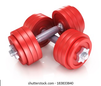 Two Red Dumbells Over White Background