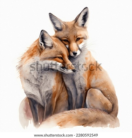 Two red foxes in love hug, Valentine's day and all lovers, isolate. Drawing for a book, postcard, print. Watercolor illustration
