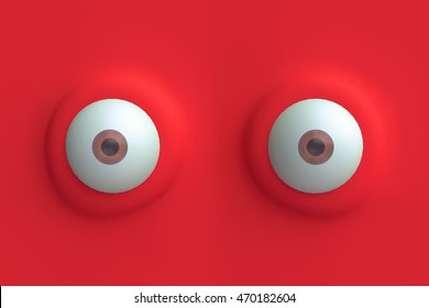 Two Red Funny Cartoon Eyes. Element Of Emotion Characters Face. 3d Render.