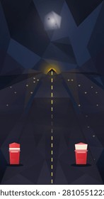 Two red mailboxes stand on opposite sides of a dark geometric road illuminated by dashed yellow lines leading toward a glowing archway beneath a luminous moon.