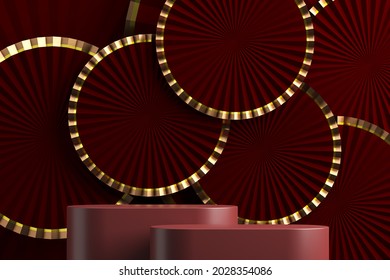 Two red platform on mockup red paper fan background. abstract background for product presentation or ads. 3d rendering