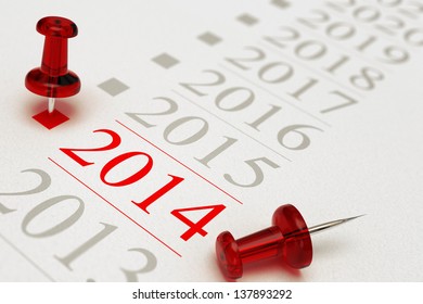 Two Red Pushpins Over A Timeline, The First One Is Pointing On The Year 2014, Grey Background, Copy Space And Blur Effect