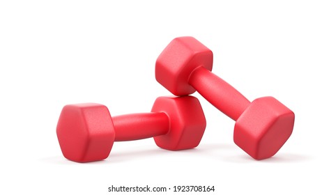 Two red rubber or plastic coated fitness dumbbells isolated on white background. 3D illustration
