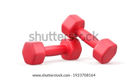 Two red rubber or plastic coated fitness dumbbells isolated on white background. 3D illustration