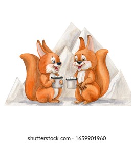 Two Red Squirrels Drink Hot Coffee From A Mug