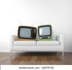 Two Retro Tv In A Couch As A Metaphor Of Couple Watching Television Conceptual Scene With Copy Space