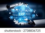 Two robotic hands interact with a glowing globe featuring various ERP icons, symbolizing the integration of technology in modern business processes and planning. Tessel