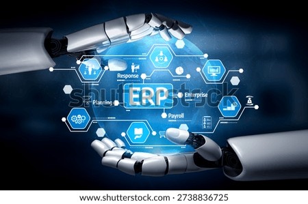 Two robotic hands interact with a glowing globe featuring various ERP icons, symbolizing the integration of technology in modern business processes and planning. Tessel