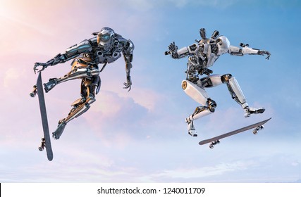 Two Robots Skateboarders Doing Skateboarder Ollie Stock Illustration Two Robots Skateboarders Doing Skateboarder Ollie Stock Illustration