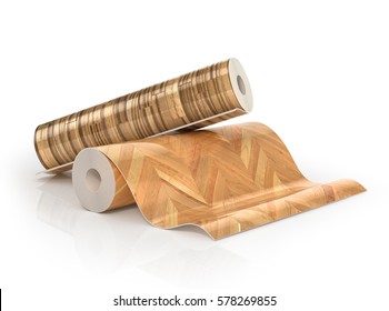 Two Rolls Of Linoleum With Wood Texture. 3d Illustration