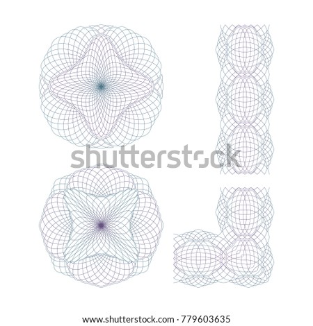 Two Rosettes and Border. Set of Guilloche Elements on a White Background. 
